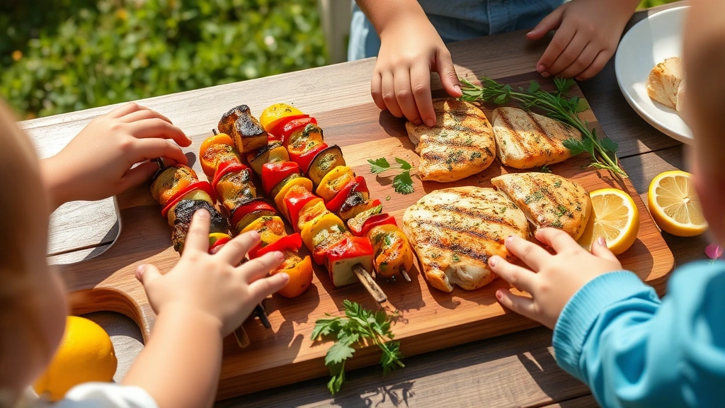 Children's hands reaching for grilled vegetable skewers and herb-roasted chicken pieces on wooden cutting board, fresh lemon wedges nearby, bright daylight, joyful dining moment