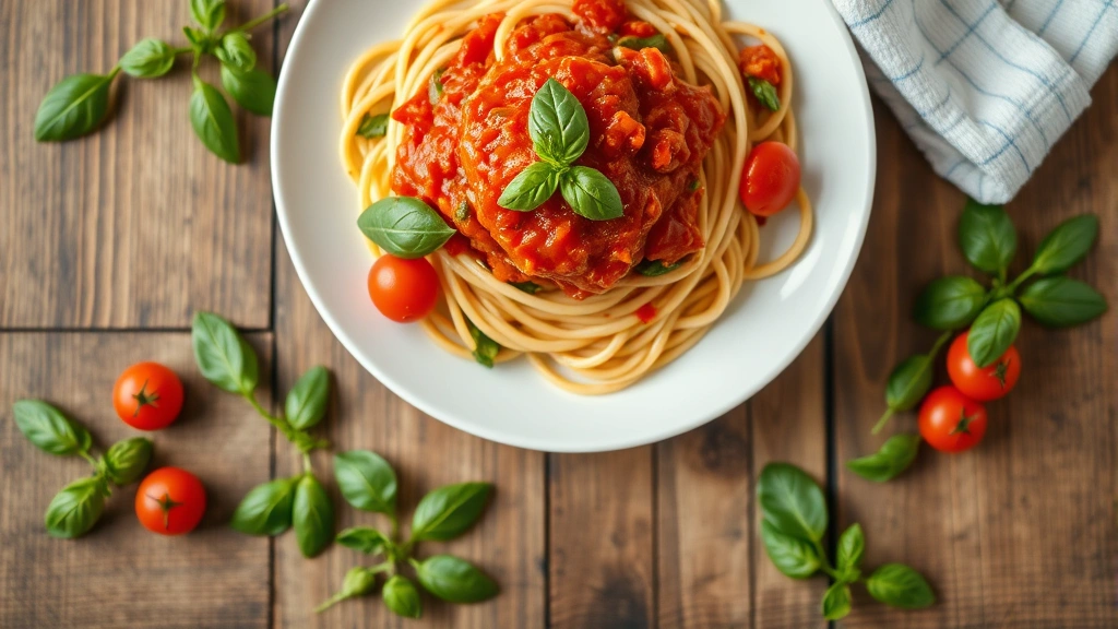 Overhead shot of colorful Italian pasta with fresh basil and tomato sauce on white plate, vibrant greens and reds, rustic wooden table background, shallow depth of field, natural daylight