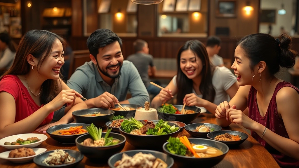 Family of four laughing together at restaurant table with diverse Asian dishes, steaming bowls of ramen and fresh vegetables, warm ambient lighting, genuine joy and connection
