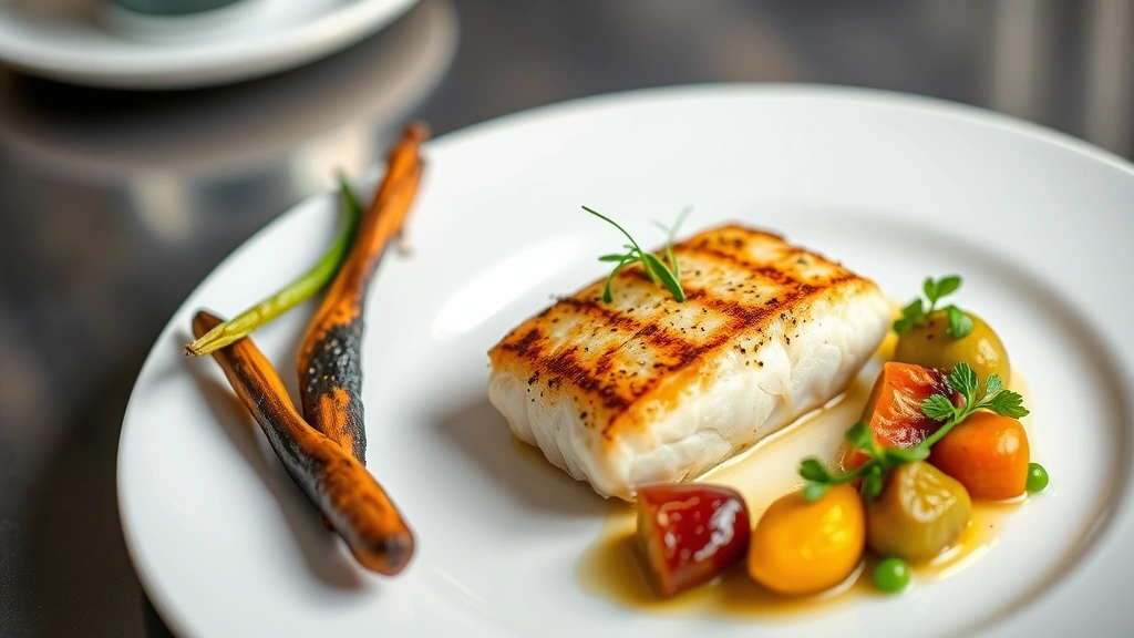 Artfully plated children's meal featuring perfectly seared fish fillet, roasted seasonal vegetables in jewel tones, microgreens garnish, elegant white plate, professional kitchen lighting, fine dining presentation