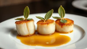 Perfectly seared scallops with golden crust on elegant white plate, topped with crispy sage leaves, brown butter sauce pooled artfully, fine dining presentation, soft studio lighting, shallow depth of field
