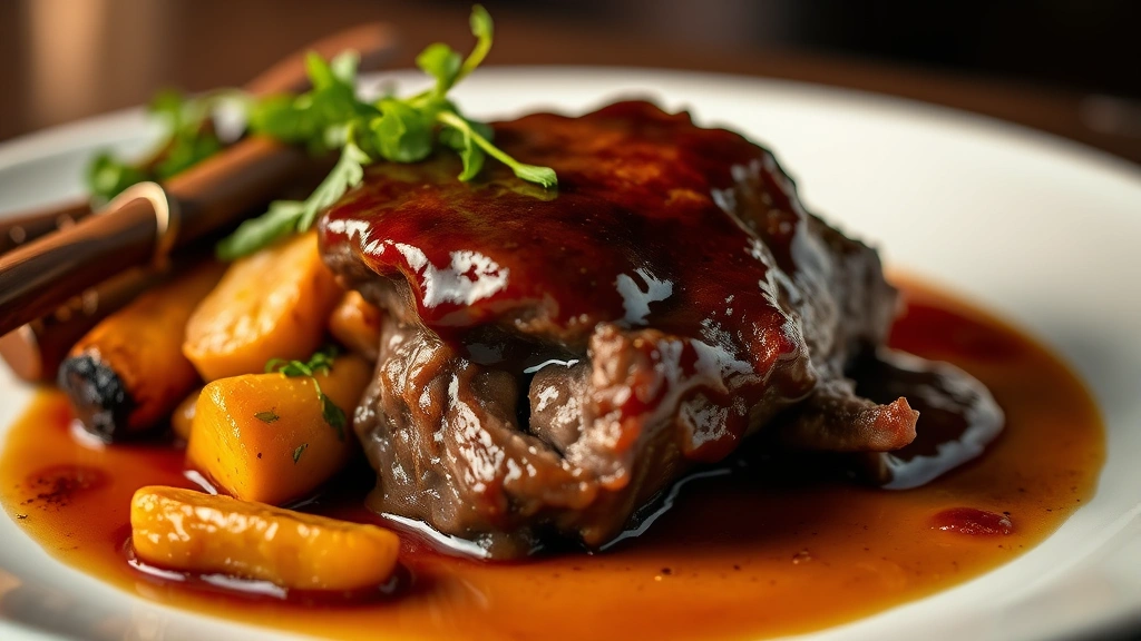 Braised short rib with glossy reduction sauce, tender meat falling apart, accompanied by roasted root vegetables and microgreens, white plate, professional culinary plating, warm ambient lighting, close-up food photography