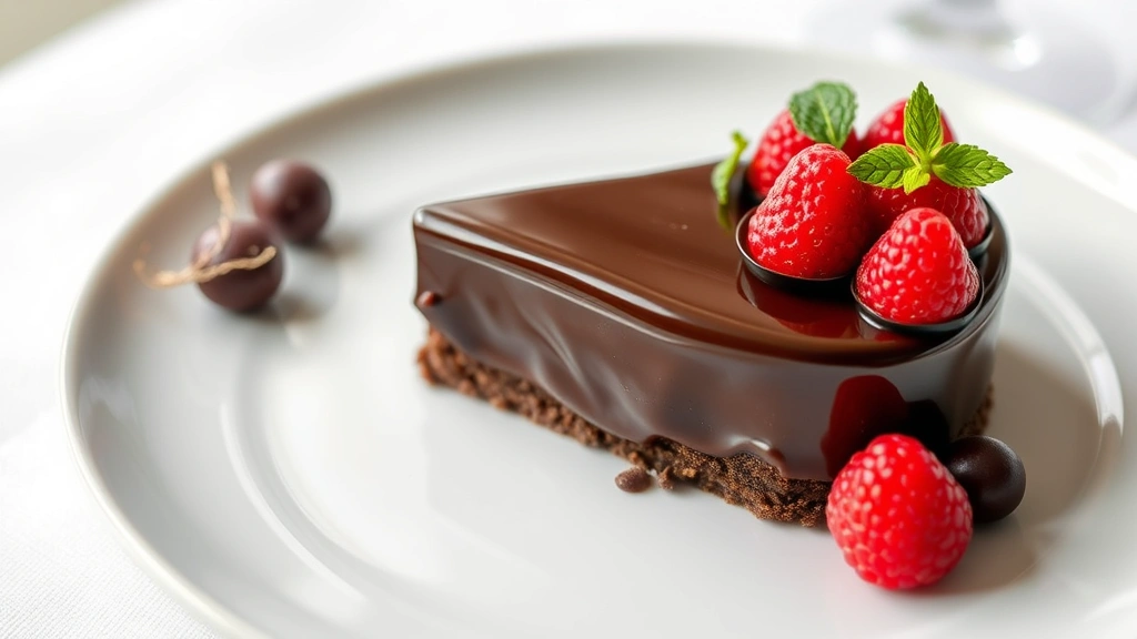 Elegant chocolate torte dessert with glossy ganache finish, fresh berries, delicate garnish, fine dining presentation, minimalist plating on white ceramic, soft natural lighting, culinary photography