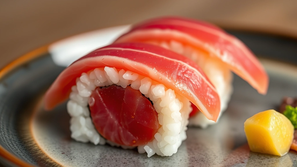Close-up of meticulously prepared nigiri sushi with vibrant maguro tuna, perfectly seasoned rice, and precise knife marks, displayed on a minimalist ceramic plate with subtle garnish