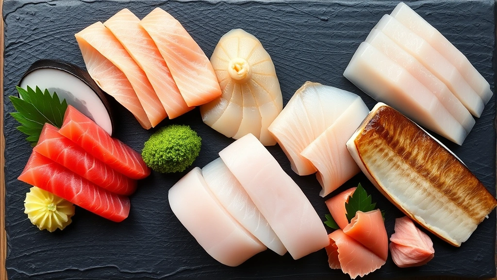 Overhead view of an artfully arranged sashimi platter featuring multiple premium fish varieties including uni, scallop, and sea bass, arranged in a geometric pattern on slate with wasabi and pickled ginger