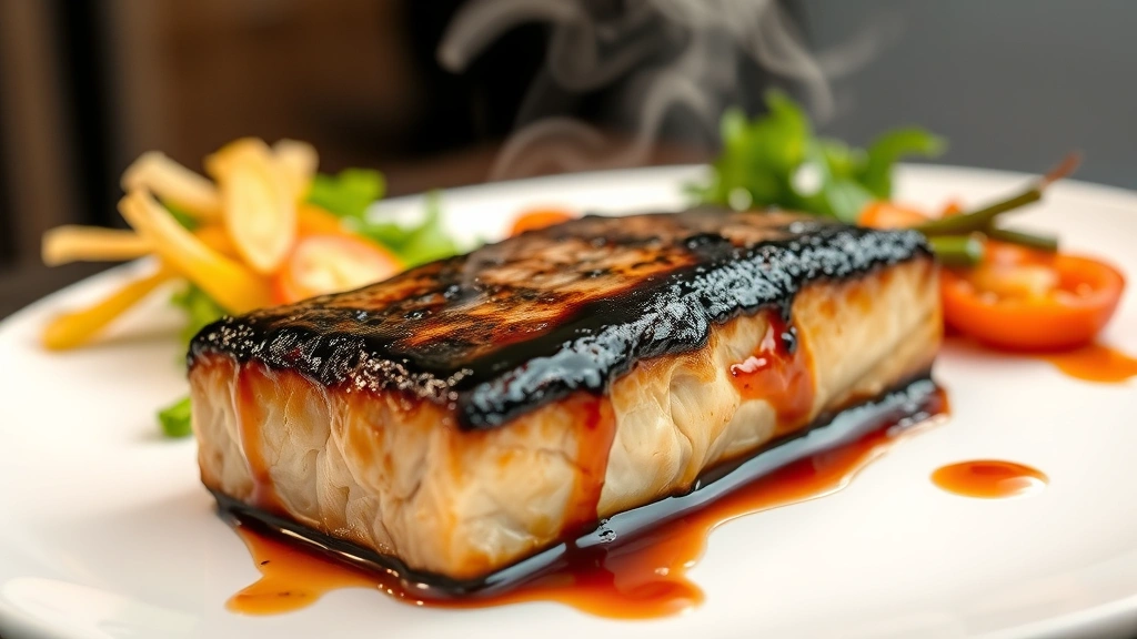 Miso-glazed black cod fillet with caramelized exterior, served on a white plate with reduction drizzle and seasonal vegetables, steam rising from the perfectly cooked fish