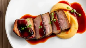 Professional overhead shot of perfectly seared duck breast with mahogany glaze, cherry gastrique, and silky parsnip purée on white ceramic plate, garnished with microgreens and thyme sprigs