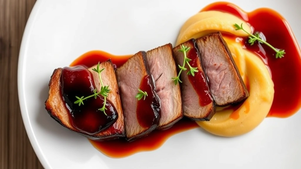 Professional overhead shot of perfectly seared duck breast with mahogany glaze, cherry gastrique, and silky parsnip purée on white ceramic plate, garnished with microgreens and thyme sprigs