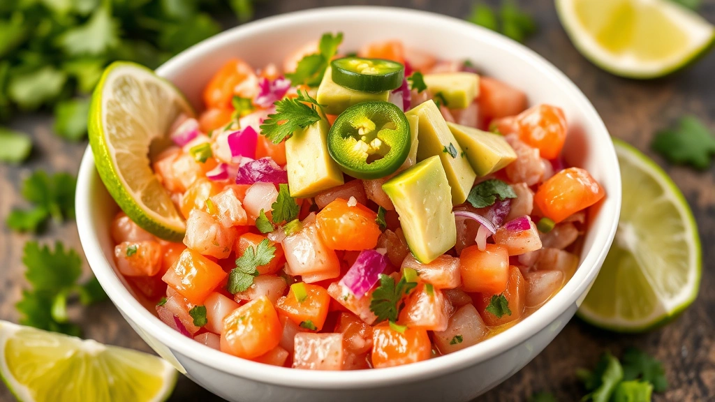 Vibrant ceviche in white bowl with diced fresh fish, lime-cured, topped with diced red onion, cilantro, jalapeño slices, creamy avocado chunks, and lime wedges on the side