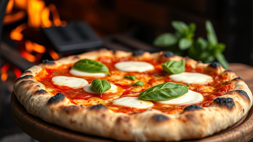 Rustic wood-fired oven pizza with charred crust, melted fresh mozzarella, bright red tomato sauce, and fresh basil leaves, photographed outdoors in garden setting with bokeh background