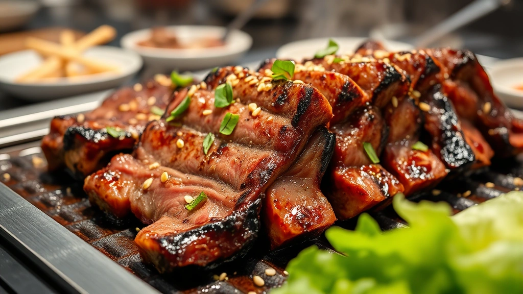Close-up of sizzling Korean beef short ribs on embedded table grill with charred edges, sesame seeds, fresh perilla leaves and lettuce wraps nearby, steam rising, professional restaurant lighting