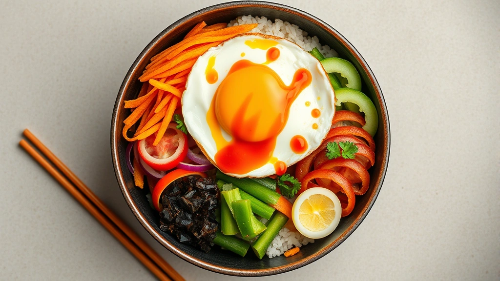 Overhead view of vibrant bibimbap bowl with colorful vegetables arranged in sections around white rice, fried egg on top, gochujang dollop, sesame oil drizzle, chopsticks beside bowl