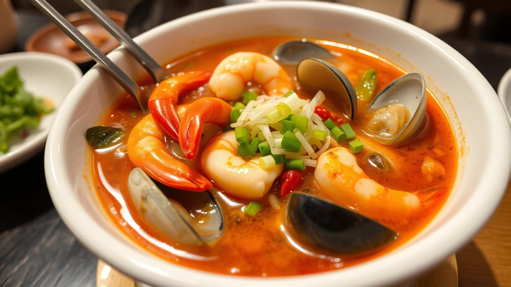 Steaming bowl of spicy Korean seafood noodle soup jjamppong with visible squid, shrimp, clams, red chili broth, fresh scallions, sesame seeds, white ceramic bowl, restaurant ambiance