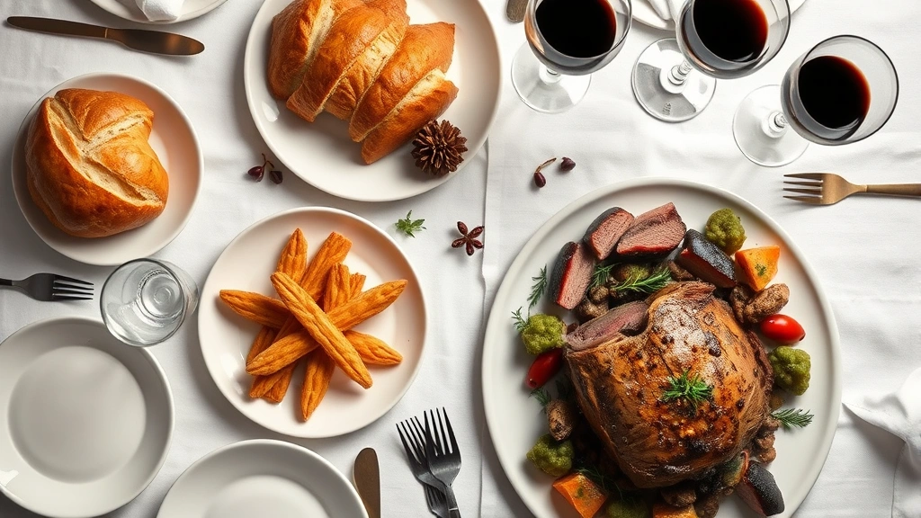 Overhead flat lay of elegant kosher Shabbat dinner table with challah bread, wine glasses, and garnished brisket platter on white linen