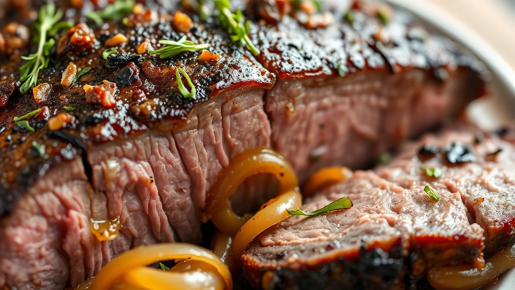 Close-up of perfectly seared kosher brisket with caramelized onions and fresh herbs, tender meat separating easily with steam rising