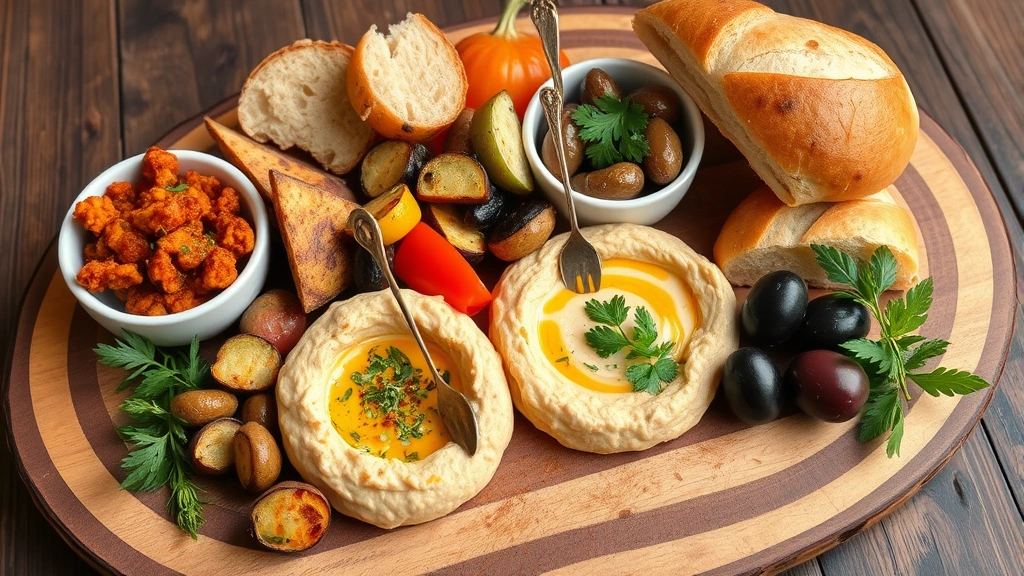 Beautiful mezze spread featuring hummus, baba ganoush, grilled vegetables, olives, and fresh herbs on rustic wooden board with challah
