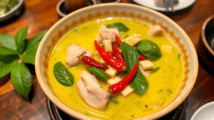 Overhead shot of vibrant green curry with tender chicken pieces, fresh basil leaves, and coconut milk sauce in a traditional Thai ceramic bowl, garnished with red chilies and lime, steam rising from hot dish, restaurant table setting visible
