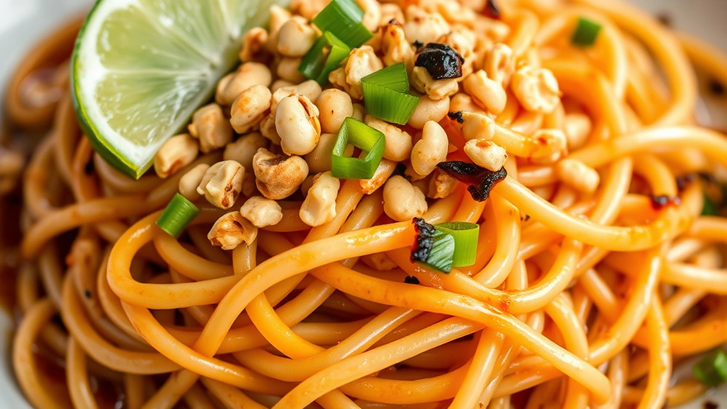 Close-up of crispy pad thai noodles with charred edges, topped with crushed peanuts, fresh lime wedge, and green onions, showing individual noodle strands and glossy sauce coating, professional restaurant plating