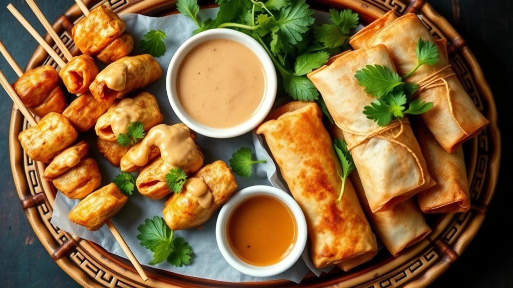 Flat lay of Thai appetizers including golden satay skewers with creamy peanut sauce, crispy spring rolls with dipping sauce, and fresh herbs arranged on traditional Thai serving plate, natural lighting highlighting textures and colors