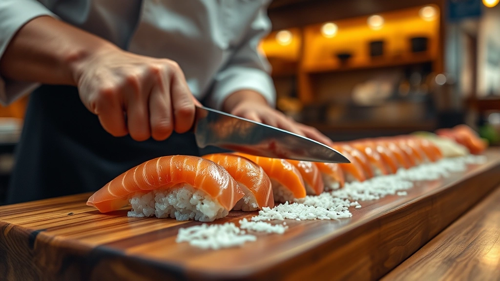 Close-up of master sushi chef's hands shaping nigiri over wooden sushi counter, precise knife work mid-motion, fresh fish glistening under warm amber lighting, traditional Japanese restaurant kitchen background