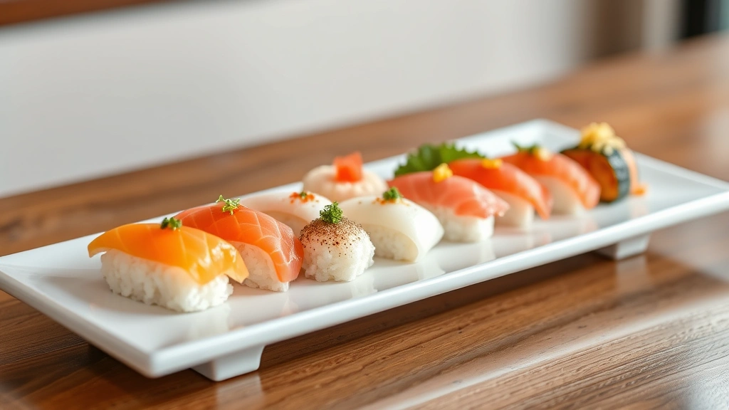 Artfully arranged omakase progression on minimalist white ceramic plate, sixteen pieces of sushi and sashimi showcasing color gradation from white fish to toro to uni, garnished with microgreens and citrus zest, soft bokeh background