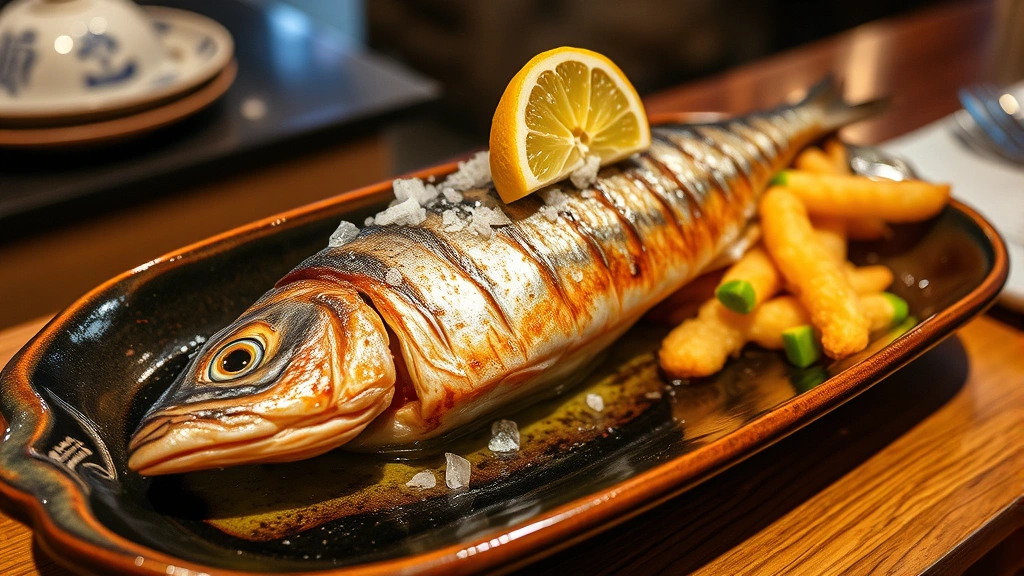Perfectly seared mackerel fillet with charred golden skin on traditional Japanese ceramic dish, topped with sudachi citrus wedge and sea salt crystals, steaming tempura vegetables arranged beside, warm restaurant lighting reflecting off glaze