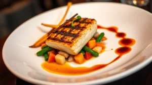 Plated fine dining dish with seared protein, vibrant seasonal vegetables, and artistic sauce drizzle on white porcelain, professional culinary photography, warm restaurant lighting