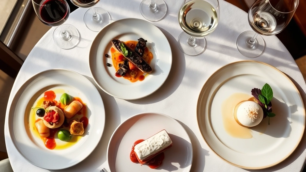 Overhead shot of multi-course tasting menu progression showing appetizer, main course, and dessert on table, elegant table setting with wine glasses, natural lighting
