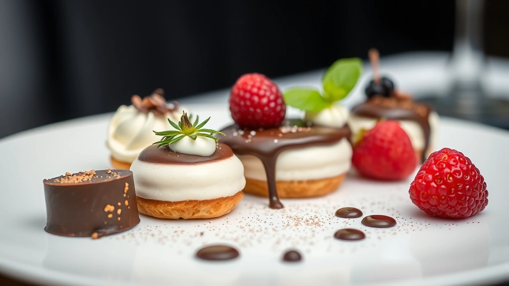 Artfully composed dessert plate with chocolate elements, fresh berries, pastry components, and delicate garnishes, professional food photography, shallow depth of field
