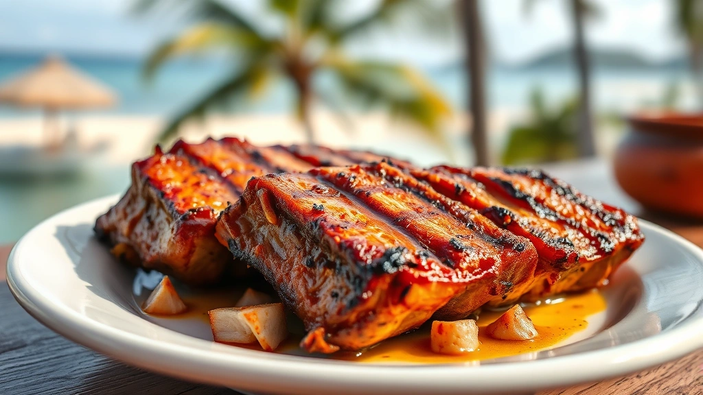 Grilled kalua pork plate with caramelized edges, steam rising, served on white ceramic with tropical island backdrop, professional food photography, shallow depth of field