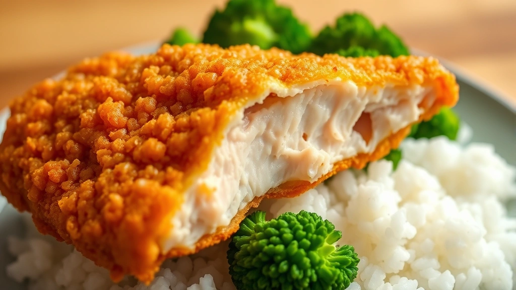 Crispy golden chicken katsu with glossy breading, perfectly cooked chicken interior visible, served over steamed white rice with vibrant green broccoli, warm studio lighting