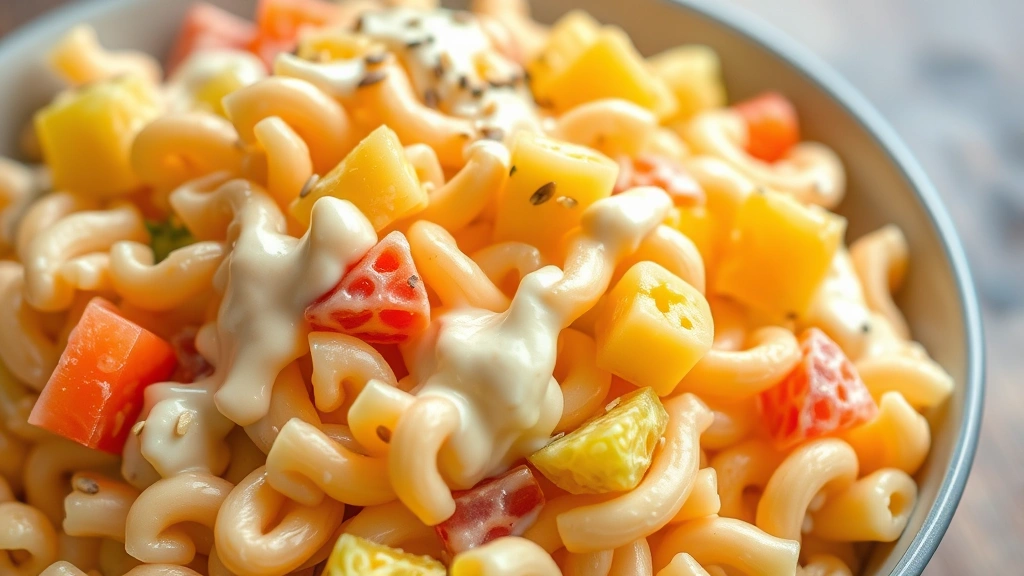 Colorful macaroni salad with creamy mayo dressing clinging to noodles, fresh pineapple chunks scattered throughout, garnished with sesame seeds, natural daylight photography, appetizing composition