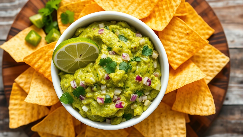 Overhead shot of vibrant fresh guacamole in white ceramic bowl with lime wedge, diced cilantro, and red onion, surrounded by warm homemade tortilla chips on wooden serving board, natural daylight