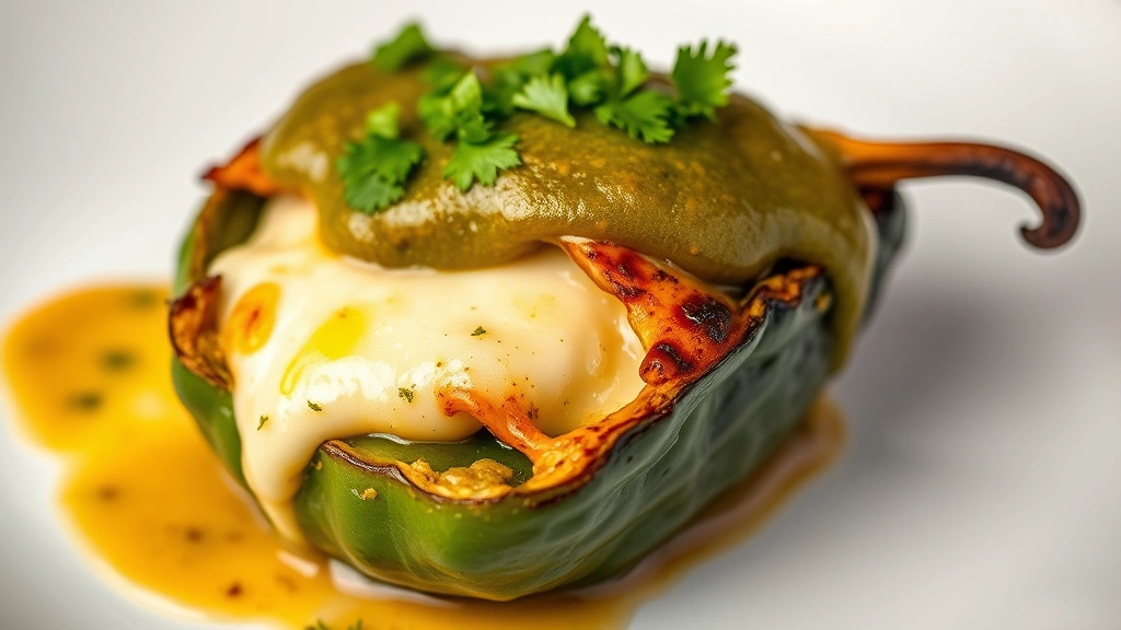 Close-up of perfectly charred chile relleno with melted oaxaca cheese oozing from poblano pepper, topped with silky tomatillo sauce and fresh cilantro, white plate, professional plating