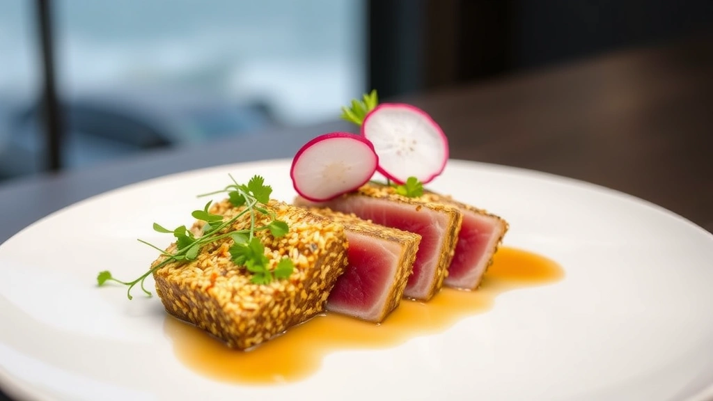 Seared ahi tuna with golden sesame crust, rare pink center, microgreens, thinly sliced radish, and amber ponzu reduction on minimalist white ceramic plate with ocean view in soft focus background