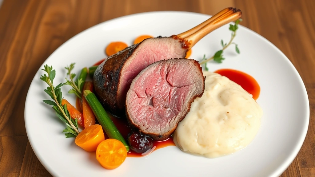 Perfectly cooked duck breast with mahogany skin, rosy medium-rare interior, cherry gastrique sauce, seasonal vegetables, and silky potato puree arranged artfully on white plate with professional plating