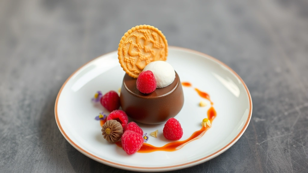 Elegant chocolate mousse dessert with dark chocolate center, crispy tuile cookie, fresh raspberries, edible flowers, passion fruit coulis, and delicate lime foam on white ceramic plate