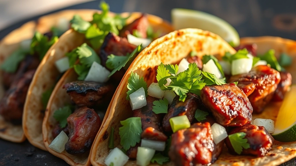 Close-up of perfectly charred carne asada tacos on warm corn tortillas with fresh cilantro, diced onions, and lime wedges, steam rising, natural afternoon light