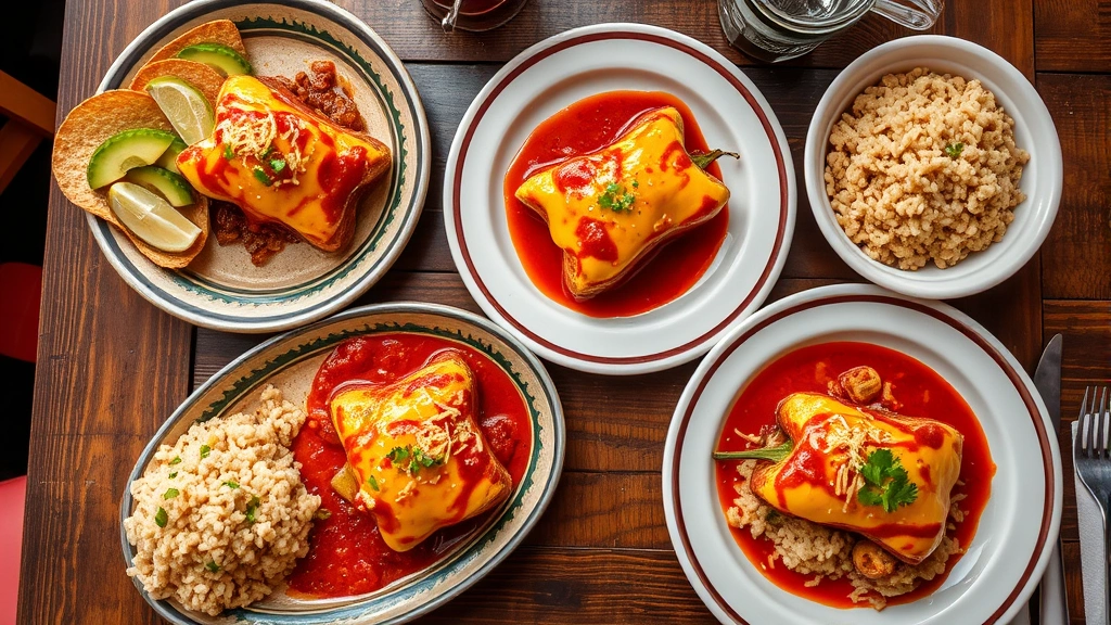 Overhead shot of colorful Mexican plates featuring chile relleno with melted cheese, red sauce, and rice, wooden table setting, rustic restaurant ambiance