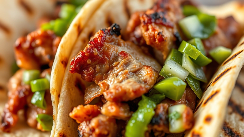 Detailed macro photography of crispy carnitas tacos showing caramelized pork edges, tender interior texture, fresh salsa verde, and grilled flour tortilla char marks