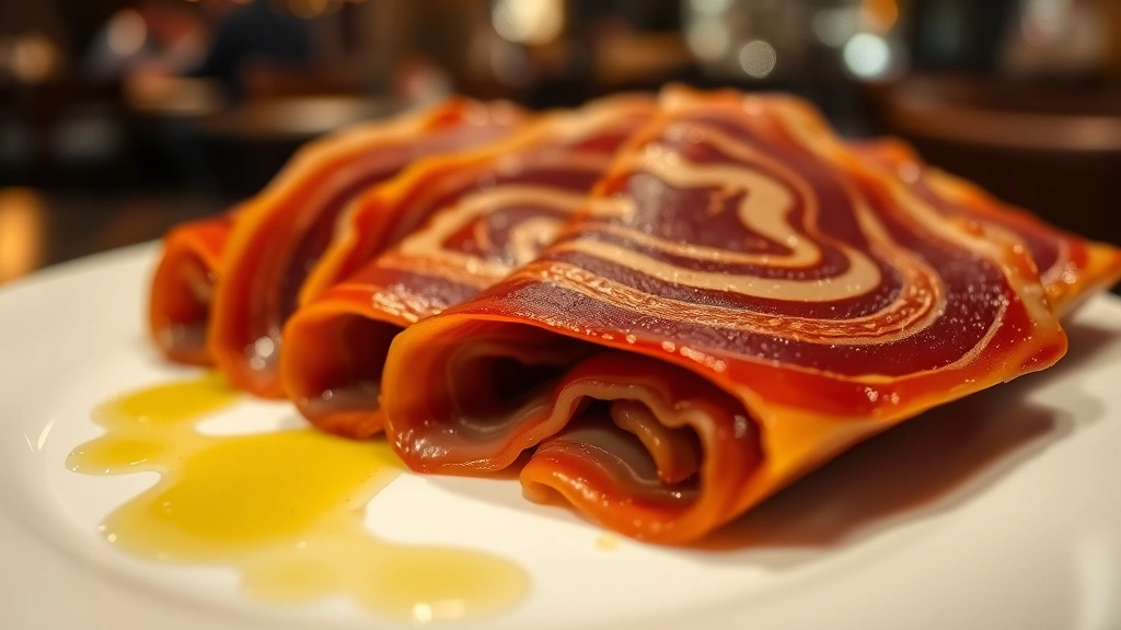 Close-up of paper-thin Jamón Ibérico slices on white ceramic plate with olive oil drizzle, warm restaurant lighting highlighting the meat's deep mahogany marbling and intricate fat patterns, shallow depth of field