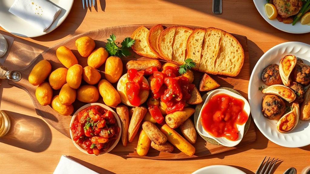 Overhead flat-lay of Spanish tapas spread on rustic wooden board including golden croquetas, vibrant red patatas bravas, fresh pan con tomate, and garnished seafood dishes, warm golden hour lighting casting soft shadows, restaurant table setting visible at edges