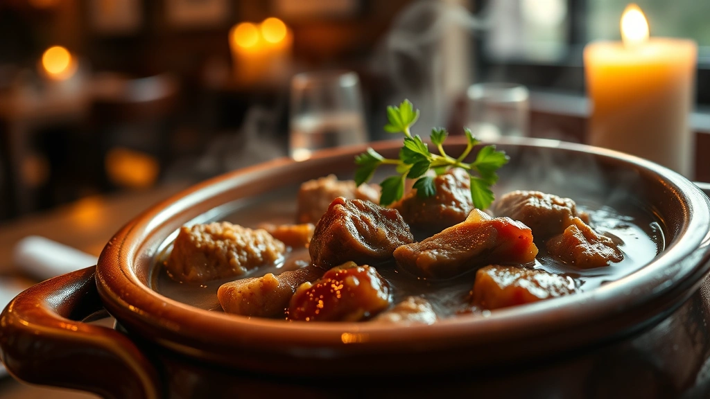 Artistic close-up of steaming Rabo de Toro stew in traditional earthenware cazuela vessel, tender braised meat visible in glossy reduction sauce, aromatic steam rising, warm candlelit restaurant ambiance in blurred background, fresh herbs garnish on top