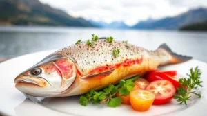 A perfectly seared trout fillet with crispy skin, fresh herbs, and vibrant seasonal vegetables arranged artfully on a white plate, mountain lake background soft focus