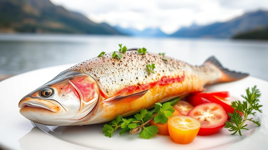 A perfectly seared trout fillet with crispy skin, fresh herbs, and vibrant seasonal vegetables arranged artfully on a white plate, mountain lake background soft focus