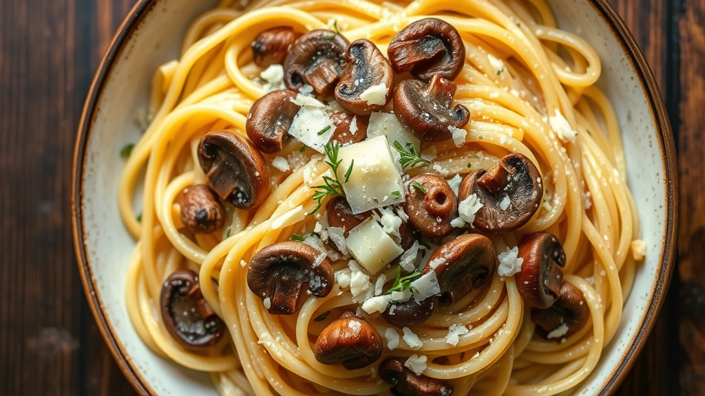 Overhead shot of handmade pasta with wild mushrooms, garlic, and fresh thyme in a rustic cream sauce, garnished with shaved Parmigiano-Reggiano, warm lighting