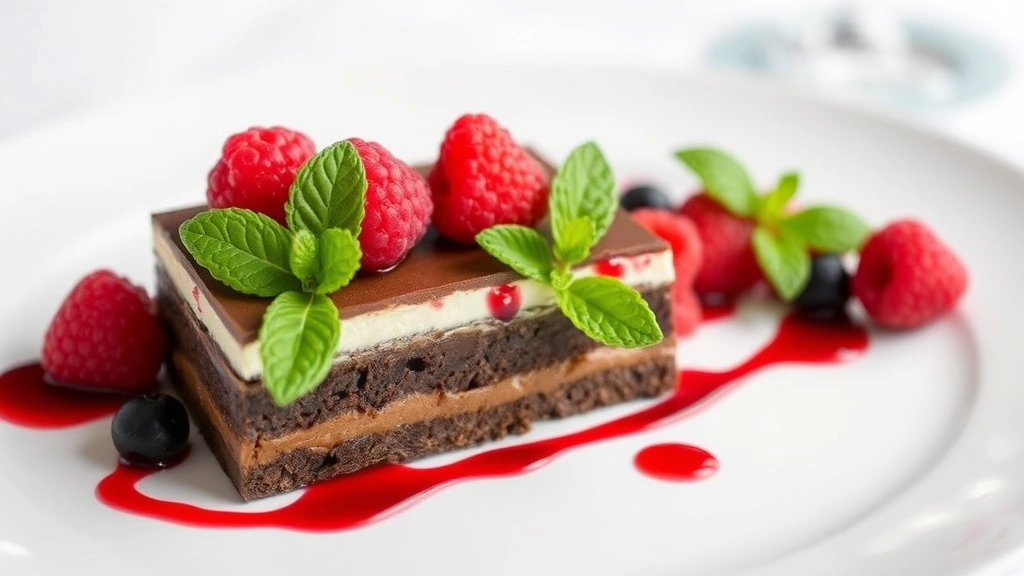 An elegant plated dessert featuring dark chocolate torte layers, raspberry coulis drizzle, fresh berries, and mint leaf garnish on a fine dining plate