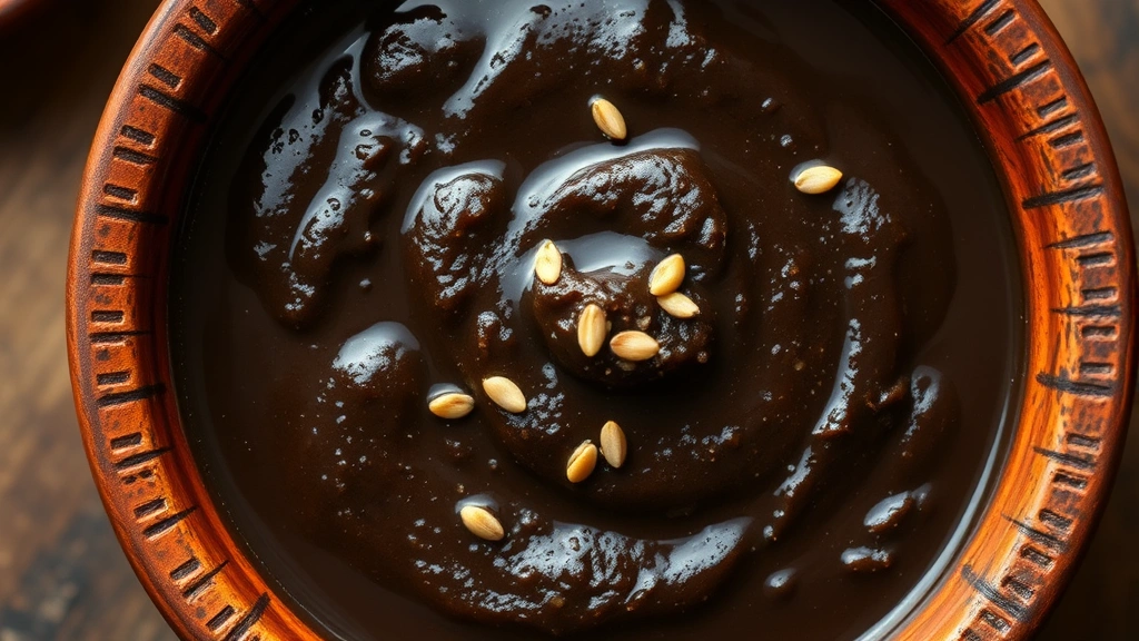Close-up overhead shot of freshly prepared mole negro sauce in rustic clay cazuela dish, dark glossy surface with visible chile and spice texture, garnished with sesame seeds, warm natural lighting