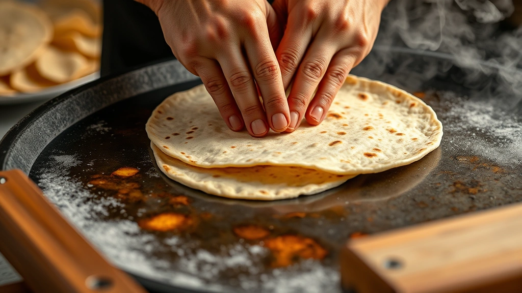 Action shot of chef's hands hand-pressing fresh corn tortillas on traditional comal griddle, steam rising, golden-brown charred spots visible, dough texture clear, wooden tortilla press in frame