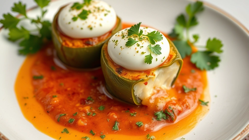 Plated chiles rellenos with creamy Oaxaca cheese filling visible where poblano is slightly open, surrounded by cilantro-infused tomato sauce, topped with airy egg white foam, fresh cilantro garnish, studio lighting